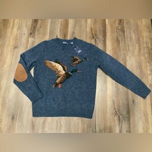 Polo RALPH LAUREN WOOL Sweater Duck Mallard Blue Suede Elbow Patches Mens - Med